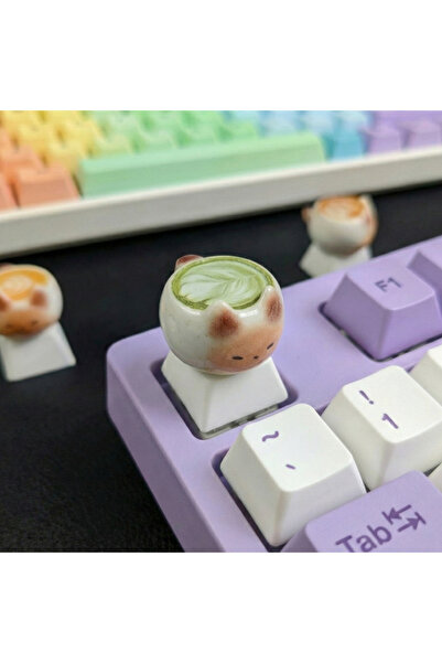 Choice3 Cyan Cute Thai Cat Coffee Cartoon Keycaps Kawaii PBT Mechanical Keybo...