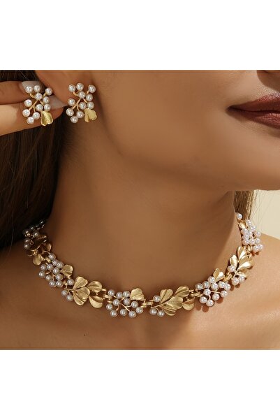 Choice YF1184-1 3 Pcs Rhinestone Imitation Pearl Earrings Necklace Set Two-pi...