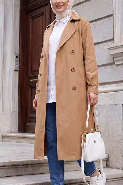 Modamorfo T5853 Double-Breasted Collared Hijab Trench Coat - Tan