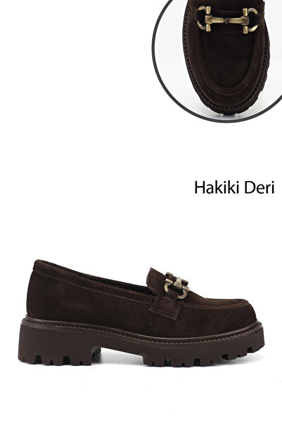 GÖNDERİ(R) Women's Brown Suede Thick Heeled Buckle Genuine Leather Loafer Shoes