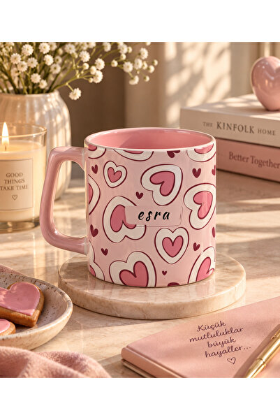 Eylül Design Kişiye Özel İsim Baskılı Pastel Pembe Kalpli Seramik Kupa Bardak...