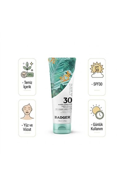 Badger Daily Mineral Güneş Kremi SPF30 | Organik & Temiz İçerikli Fiziksel Ko...