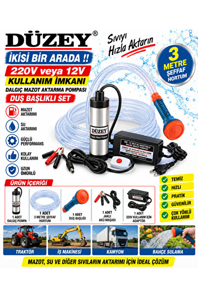 DÜZEY POMPA Düzey 220-12 Volt Sıvı Aktarma Pompası & 3metre Hortum Ve Duş Baş...