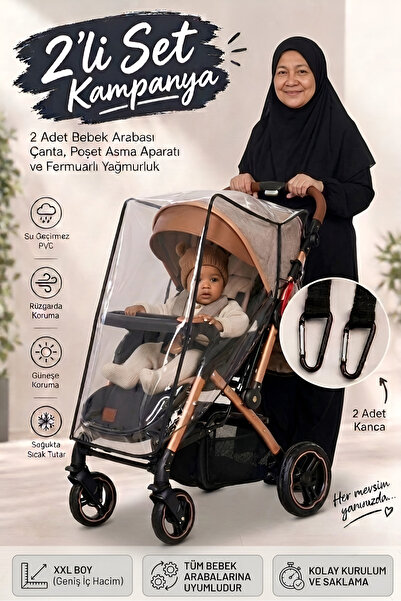 MorBebe Lüks Fermuarlı Bebek Arabası Yağmurluğu | 2 Adet Bebek Arabası Kancas...