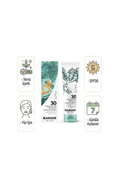 Badger Organik Yüz Güneş Kremi - SPF 30 - Mavi Işık Korumalı - Doğal Mat Biti...