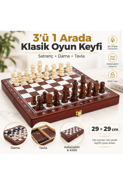 e-life shop Luxury Wooden 3-in-1 Chess Checkers Backgammon Set Foldable Inter...