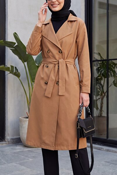 Modamorfo 5853 Double-Breasted Collar Trench Coat - Taba