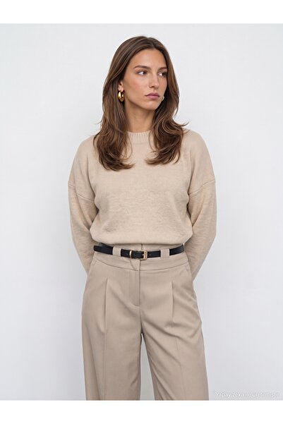 Dilvin Women's Wool Blend Crew Neck Beige Sweater - 10886