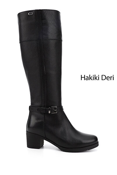 GÖNDERİ(R) Women/Girls Black Floater Zippered Thick Heeled Genuine Leather Boots