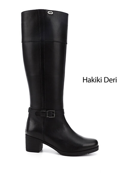 GÖNDERİ(R) Kadın Siyah Fermuarlı Kalın Topuklu Hakiki Deri Çizme