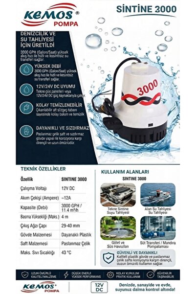 Genel Markalar Tmc tipi 3000 gpm sintine pompası 12 volt