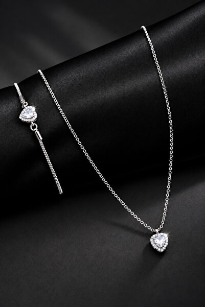 TREND COLLECTİON Zirkon Taşlı Kalp Charm Model Gümüş Renk Kadın Kolye Ve Bile...