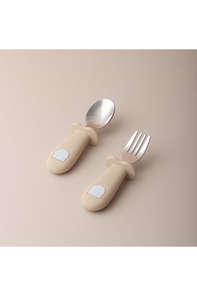Choice3 beige Baby Panda Shape Silicone Spoon and Fork Stainless Steel Baby F...