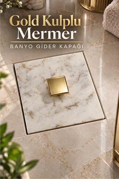 Kitchen Beauty Gold Detaylı Doğal Mermer Banyo Gider Kapağı 10x10 cm Paslanma...