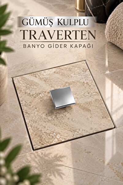 Kitchen Beauty Gümüş Detaylı Doğal Mermer Banyo Gider Kapağı 10x10 cm Paslanm...