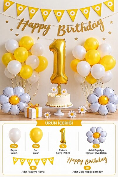ÇAVUŞ E-TİCARET Papatya Temalı Doğum Günü Seti Papatya Parti Seti Papatya 1 Y...