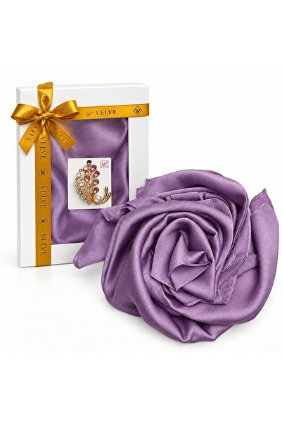 velve Pachet Silky pentru femei cu esarfa eleganta si brosa, 170 x 90 cm, Lila