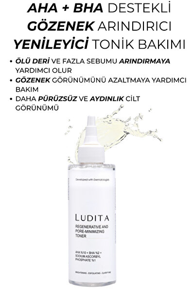 LUDITA Peeling Tonik – %10 AHA + %2 BHA + %1 Vitamin C, Yenileyici & Gözenek Sıkılaştırıcı