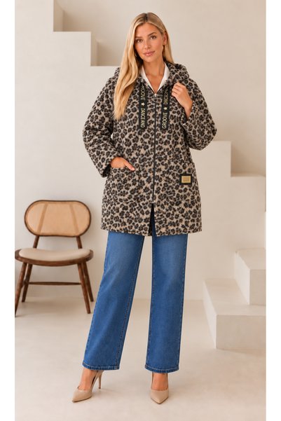 Butik Nilyam معطف نسائي كبير الحجم متوسط ​​الطول بغطاء رأس بياقة مطوية وسترة كارديجان 25062