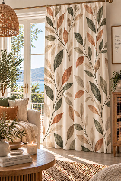 ALAMODECOR Kahverengi Yeşil Yaprak Desenli Bohem Oturma Odası Tek Kanat Fon P...