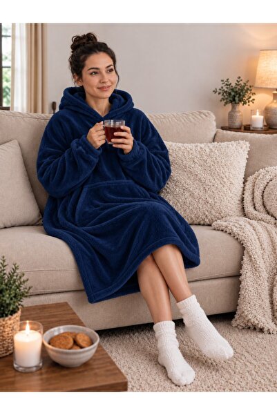 Mulberry Wellsoft Kapüşonlu Giyilebilir Tv Battaniyesi Unisex Over Size-Lacivert