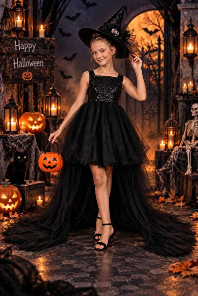 NSMLİFE Girls' Black Sequined Square Neck Halloween Party Dress