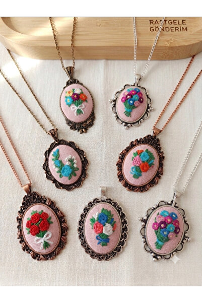 NAS fashion Kanaviçe Işlemeli Otantik Pembe Üzeri Çiçekli Kolye Zincir Boyu 6...