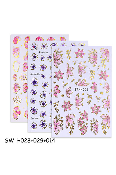 Choice SW-H028-029 SW-H014 2/3pcs Golden Pink Hibiscus Flower Nail Stickers 3...