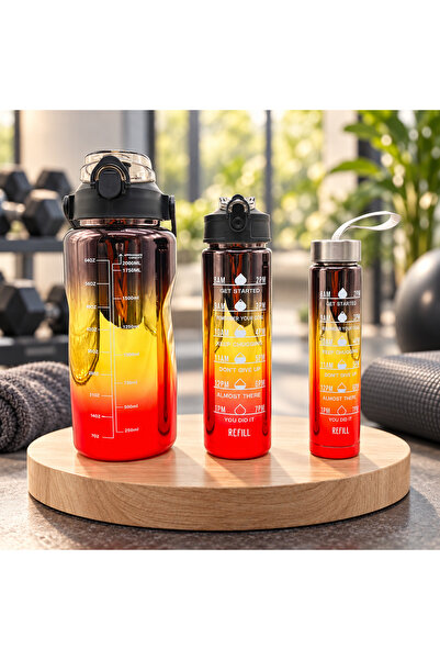 Sense Çok Renkli 2000 ml 3'lü Motivasyon Matara Seti Büyük Boy Spor Su Şişesi