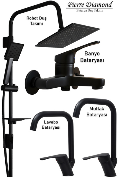 tesitay Siyah Lavabo Banyo Mutfak Bataryası Ve Robot Duş Siyah Banyo Seti Arm...