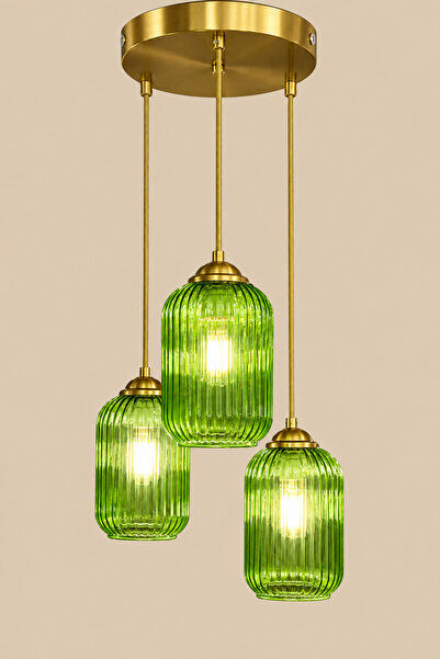 MINIMAL ETICARET VE BILGI TEKNOLOJILERI Luxe Lotus Forest Green 3'lü Cam Avize