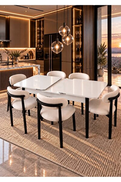 UZMHOME Polo Serisi 80x130 Açılabilir Beyaz Masa Takımı ve 6 Adet Polo Sandalye