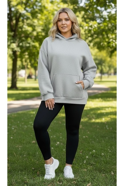 LADY HAZAL Gray Hooded Model Oversize Fit Regular Unisex Sweatshirt