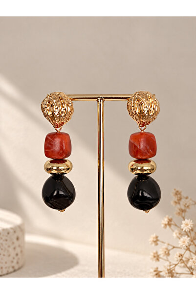 LENORE Vintage Turuncu Siyah Taşlı Gold Detaylı Sallantılı Kadın Küpe
