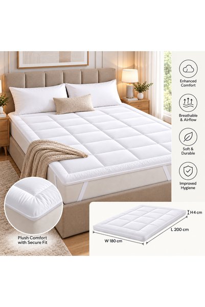 HOME AURAA Prima King Mattress Topper 180 x 200 cm x 4cm– Microfiber Stripe Super Soft Fabric, Firm & Extra Thick Fiber Sheet with Highly Elastic Bands, White