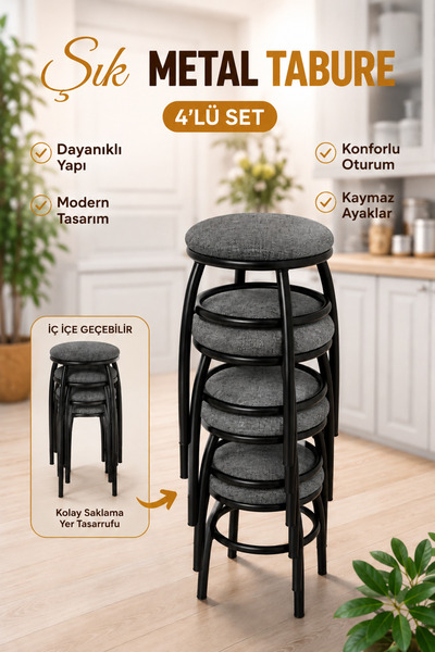 SekoConcept Tabure, 4'lü Tabure, Metal Ayaklı Tabure, İç İçe Geçebilen Tabure...