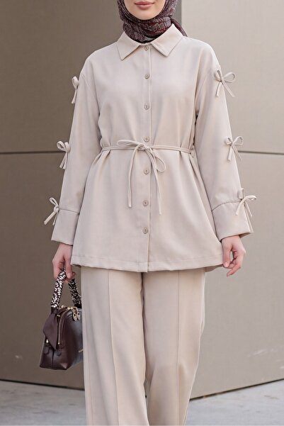 Modamorfo Imported Crepe Trouser Suit with Bow Detail on the Sleeves -Beige