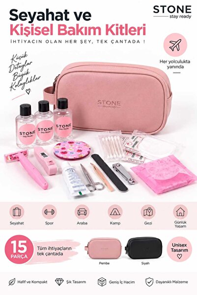 Stone Ready Kit Stone 15 Parça Seyahat Seti - Vegan Deri Çantalı - Pudra Pemb...