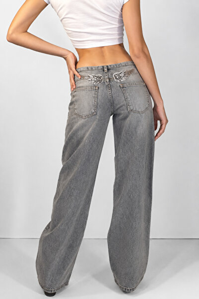 Messy Girls Kanat Detaylı Düşük Bel Gri Wide Leg Jean Pantolon