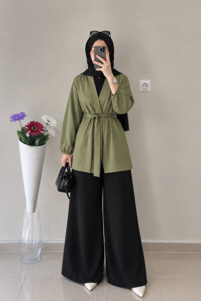 DİLEKBUTİK Yağ yeşili dökümlü kimono seyyar kemerli tesettür