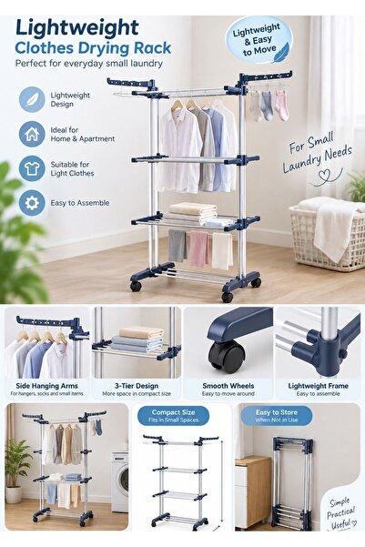 TSUMAB Multi-Tier Foldable Clothes Drying Rack with Wheels – Large Capacity I...