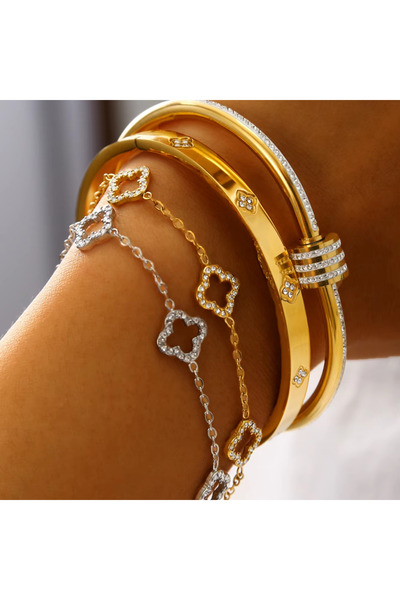 Choice 4 Pcs Set Elegant Female Stainless Steel Bracelet With Zircon Four-Lea...