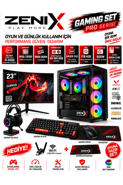 Zenix Gaming Zenix Pro i5-6500 16GB Ram 240GB SSD 1TB HDD 24" Kavisli Monitör...