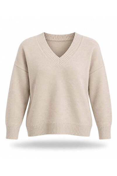 5in1Canpolat Beige V-Neck Knit Sweater