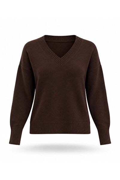 5in1Canpolat Brown V-Neck Knitwear Sweater