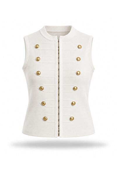 5in1Canpolat Ecru Gold Buttoned Knitwear Vest