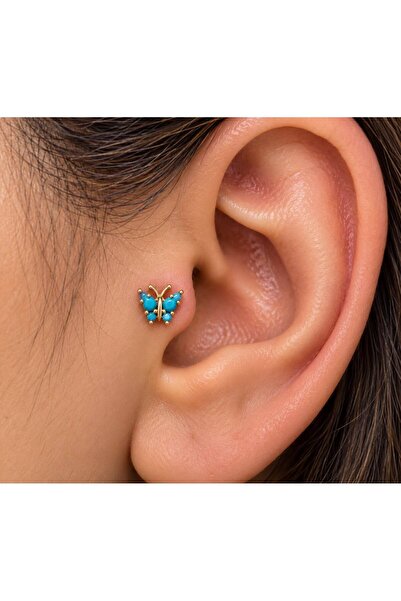 Arescollection Mavi zirkon taşlı kelebek şeklinde 1 adet tragus helix conch f...