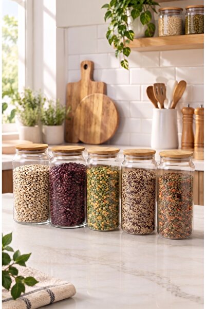 Glass&Grace 5'li 1300 ML Cam Erzak Kavanozu – Şık Tasarım, Dayanıklı Cam, Mut...