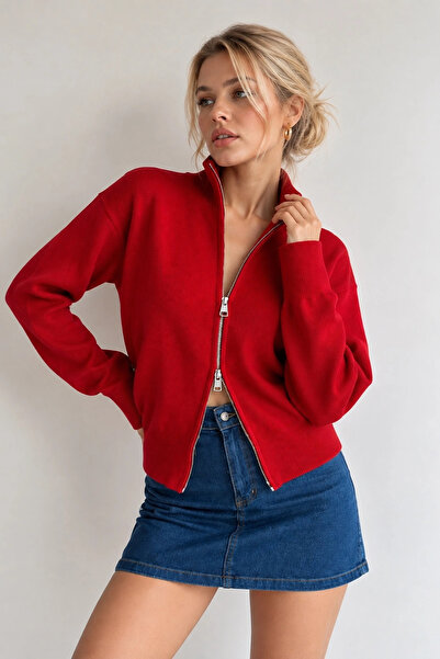 Lusin Women's Red Stand Collar Double Zipper Stylish Knitwear Cardigan