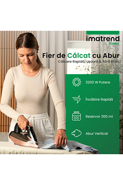 IMA TREND Fier de călcat cu aburi IMA Trend ®   3200W, încălzire rapidă în 30 de secunde, producție abur 60 g/min, jet de abur 260 g/min, talpă ceramică, rezervor de 300 ml, anti-calcar, autocurățare, negru